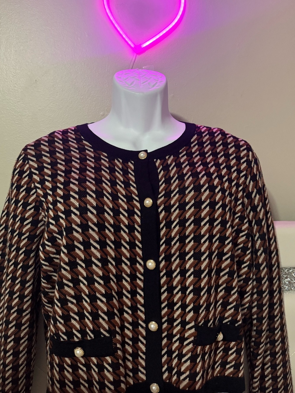 Women’s Houndstooth Crewneck Knit Blazer in Black, Brown & Cream